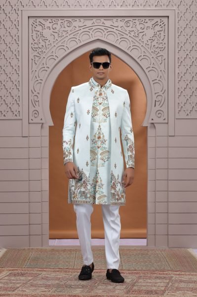 Majestic Sky Blue Designer Heavy Work Suit Set in Premium Art Silk Fabric Collection Kurta Pajama Wholesale