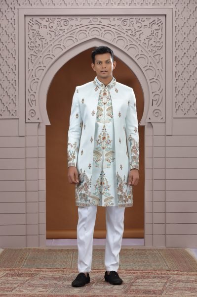 Majestic Sky Blue Designer Heavy Work Suit Set in Premium Art Silk Fabric Collection Kurta Pajama Wholesale