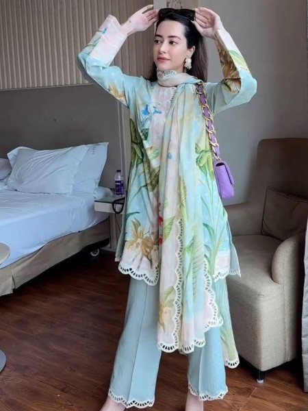 Majestic Sky Blue Magic Cotton Kurti Pant Dupatta Set with Premium Digital Print 