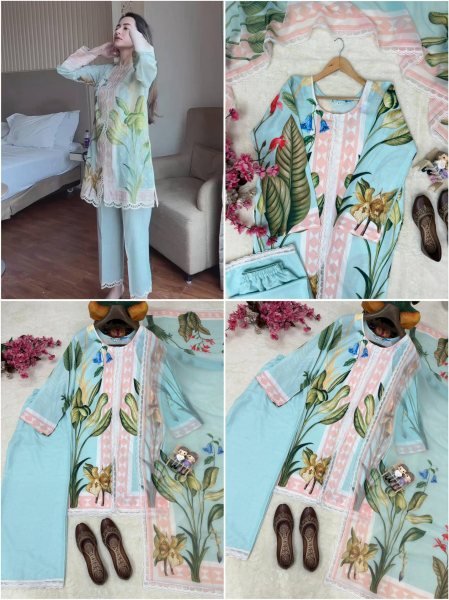 Majestic Sky Blue Magic Cotton Kurti Pant Dupatta Set with Premium Digital Print Ready To Wear Collection
