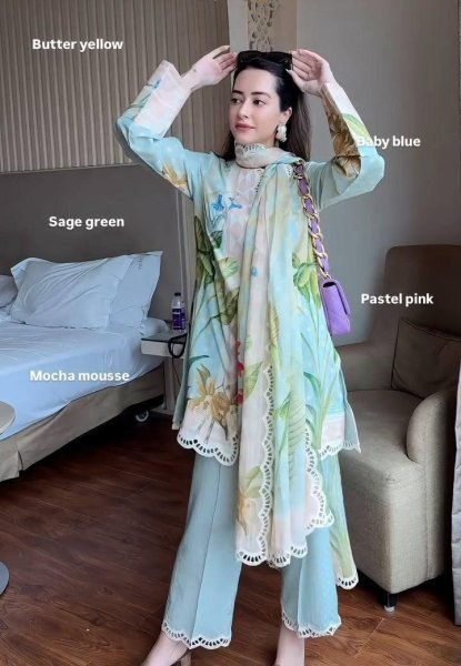Majestic Sky Blue Magic Cotton Kurti Pant Dupatta Set with Premium Digital Print Ready To Wear Collection