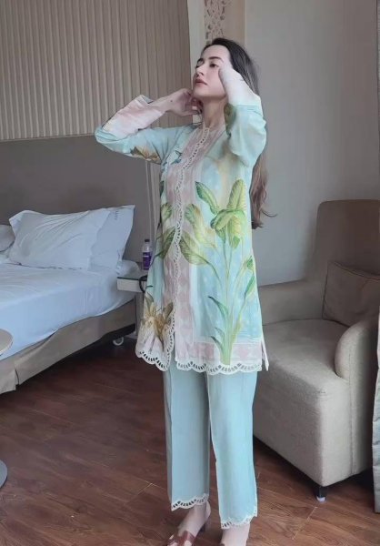 Majestic Sky Blue Magic Cotton Kurti Pant Dupatta Set with Premium Digital Print Ready To Wear Collection