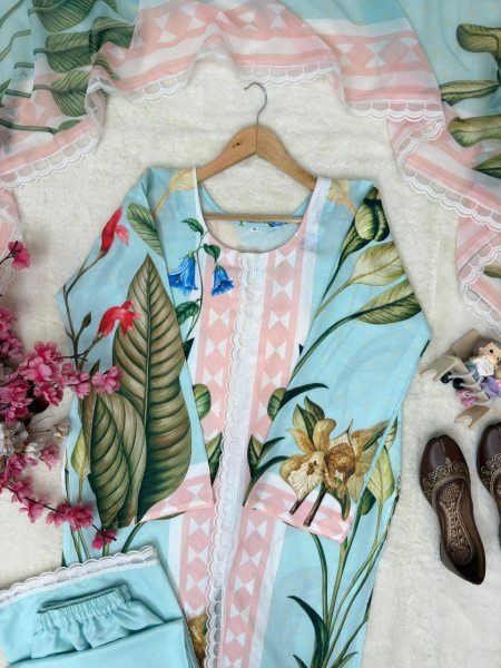 Majestic Sky Blue Magic Cotton Kurti Pant Dupatta Set with Premium Digital Print Ready To Wear Collection