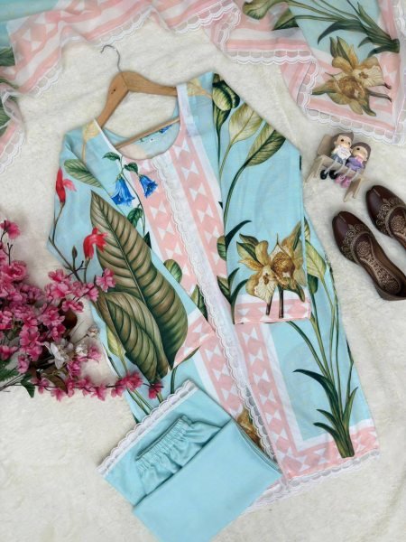 Majestic Sky Blue Magic Cotton Kurti Pant Dupatta Set with Premium Digital Print Ready To Wear Collection