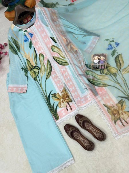 Majestic Sky Blue Magic Cotton Kurti Pant Dupatta Set with Premium Digital Print Ready To Wear Collection