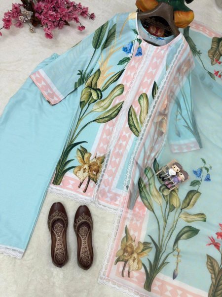 Majestic Sky Blue Magic Cotton Kurti Pant Dupatta Set with Premium Digital Print Ready To Wear Collection