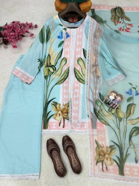 Majestic Sky Blue Magic Cotton Kurti Pant Dupatta Set with Premium Digital Print Ready To Wear Collection