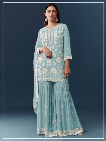 Majestic Sky Blue Wedding Special Chiffon Georgette Suit Set with Dupatta Salwar Kameez