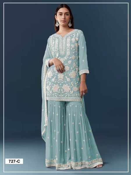 Majestic Sky Blue Wedding Special Chiffon Georgette Suit Set with Dupatta Sharara Set