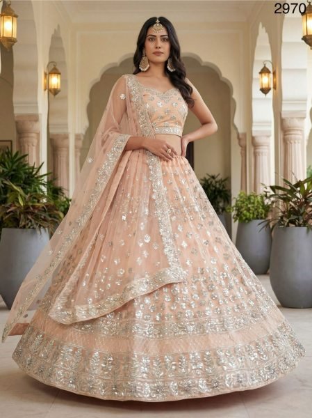 Majestic Soft Peach Lehenga Choli with Fancy Embroidery for Reception Wear Designer Lehenga Choli