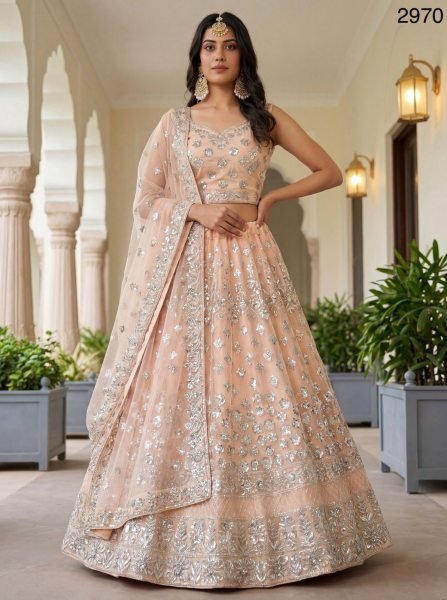 Majestic Soft Peach Lehenga Choli with Fancy Embroidery for Reception Wear Designer Lehenga Choli