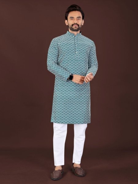 Majestic Teal Blue Handcrafted Chikankari Kurta for Men Festive Wear Mens Wear