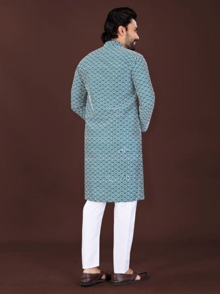 Majestic Teal Blue Handcrafted Chikankari Kurta for Men Festive Wear Kurta Pajama Wholesale