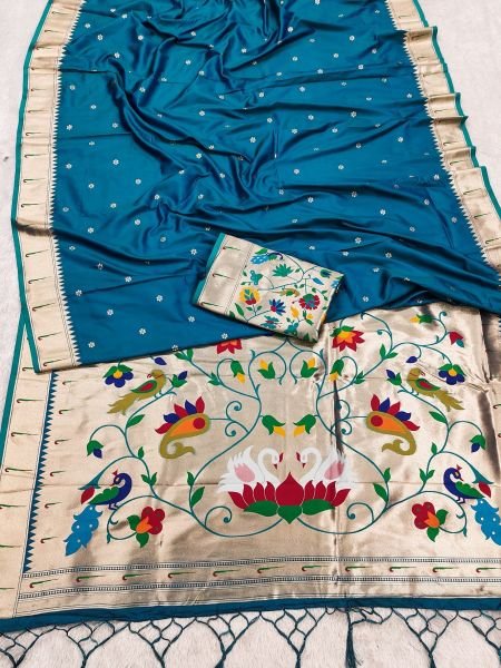 Majestic Teal Blue Traditional Pethani Silk Saree with Rich Meenakari Pallu For Party 