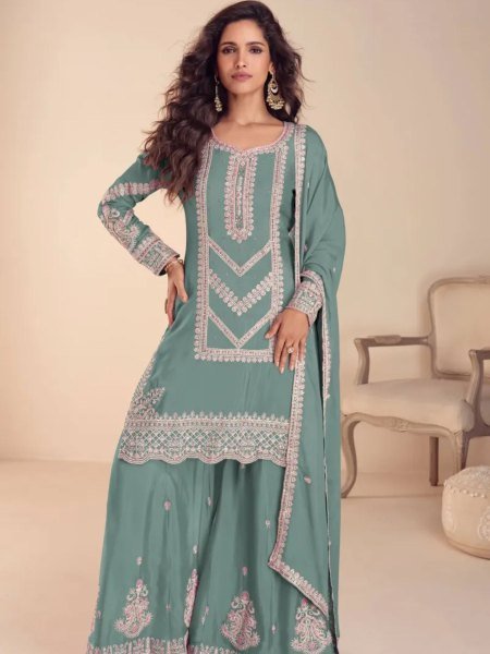 Majestic Teal Green Fancy Embroidery Work Palazzo Suit for Reception Wear 