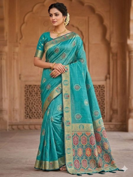 Majestic Teal Green Jacquard Saree with Zarkan Embroidery Work Sarees 