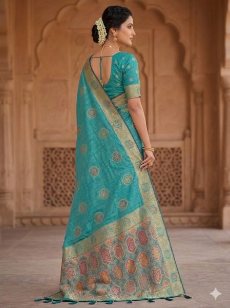 Majestic Teal Green Jacquard Saree with Zarkan Embroidery Work Printed Cotton Sarees Wholesale