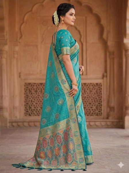 Majestic Teal Green Jacquard Saree with Zarkan Embroidery Work Printed Cotton Sarees Wholesale