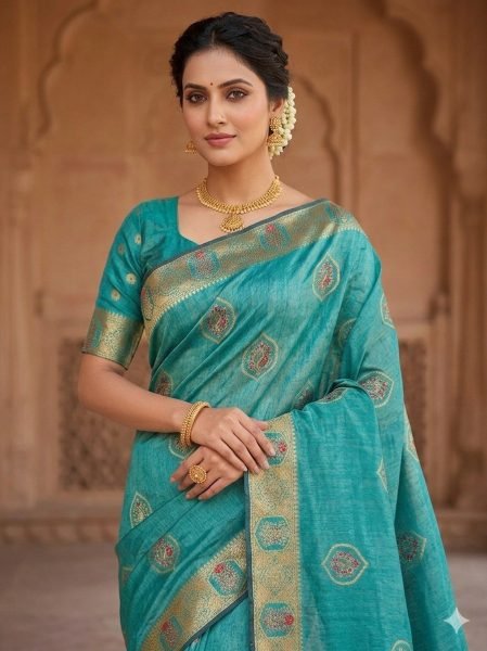 Majestic Teal Green Jacquard Saree with Zarkan Embroidery Work Printed Cotton Sarees Wholesale