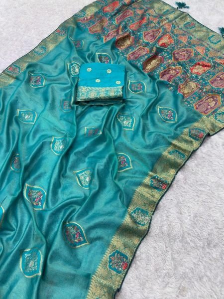 Majestic Teal Green Jacquard Saree with Zarkan Embroidery Work Printed Cotton Sarees Wholesale