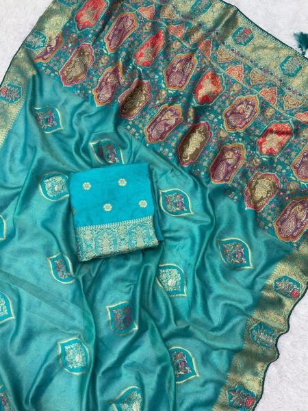 Majestic Teal Green Jacquard Saree with Zarkan Embroidery Work Printed Cotton Sarees Wholesale