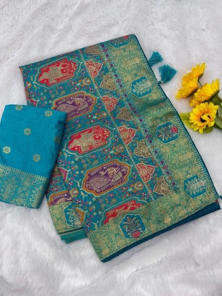 Majestic Teal Green Jacquard Saree with Zarkan Embroidery Work Printed Cotton Sarees Wholesale