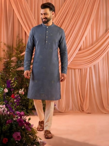 Majestic Teal Men Linen Cotton Kurta with Heavy Front and Back Embroidery Kurta Pajama Wholesale