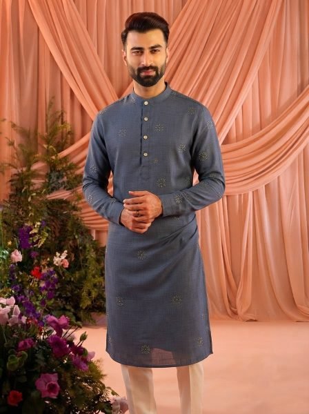 Majestic Teal Men Linen Cotton Kurta with Heavy Front and Back Embroidery Kurta Pajama Wholesale