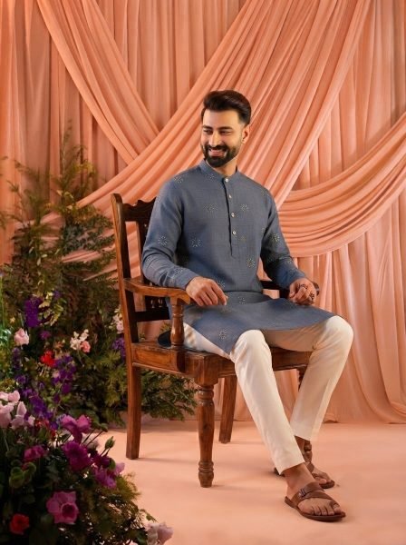 Majestic Teal Men Linen Cotton Kurta with Heavy Front and Back Embroidery Kurta Pajama Wholesale