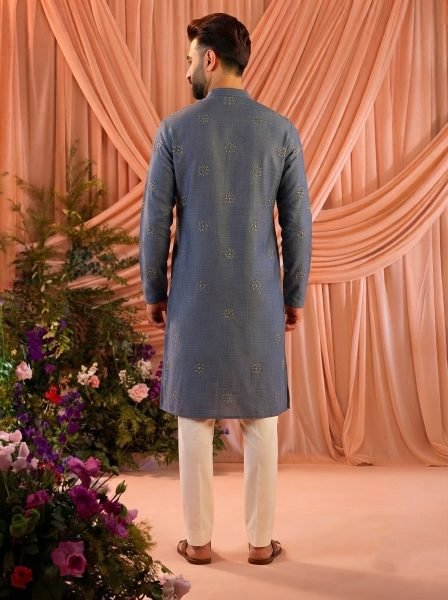 Majestic Teal Men Linen Cotton Kurta with Heavy Front and Back Embroidery Kurta Pajama Wholesale