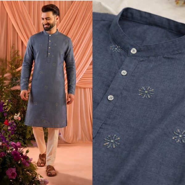 Majestic Teal Men Linen Cotton Kurta with Heavy Front and Back Embroidery Kurta Pajama Wholesale
