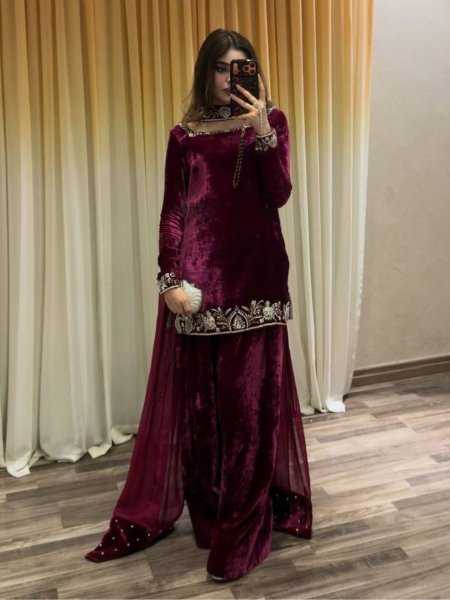 Majestic Velvet Embroidered Sharara Suit with Pearl Work Dupatta for Resellers and Exporters Ready To Wear Suit