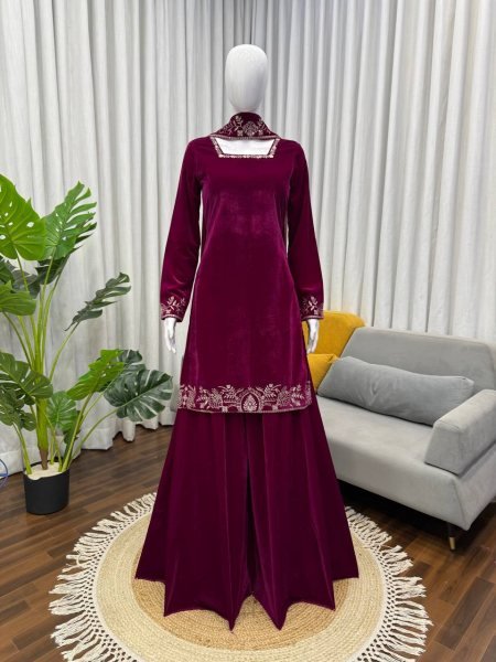 Majestic Velvet Embroidered Sharara Suit with Pearl Work Dupatta for Resellers and Exporters Ready To Wear Collection