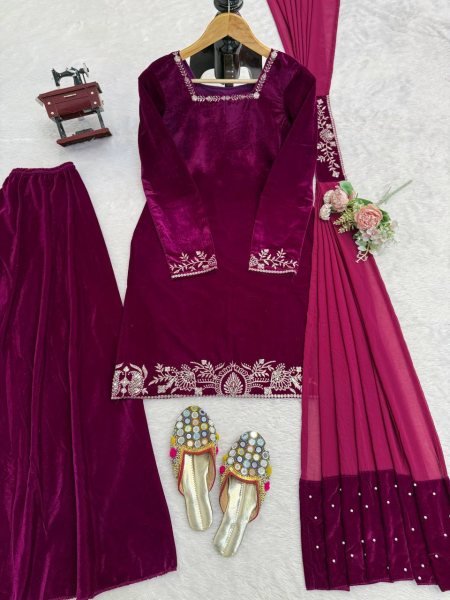 Majestic Velvet Embroidered Sharara Suit with Pearl Work Dupatta for Resellers and Exporters Ready To Wear Collection