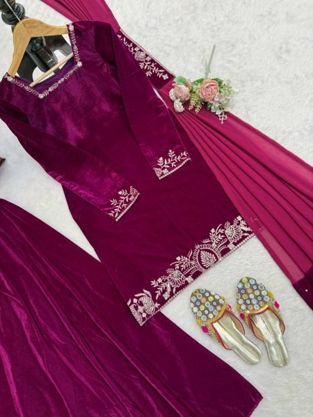 Majestic Velvet Embroidered Sharara Suit with Pearl Work Dupatta for Resellers and Exporters Ready To Wear Collection