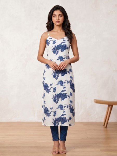 Majestic White Designer Sleeveless Cotton Long Kurti with Elegant Back Zig Zag Design  Straight Cut Long Kurtis