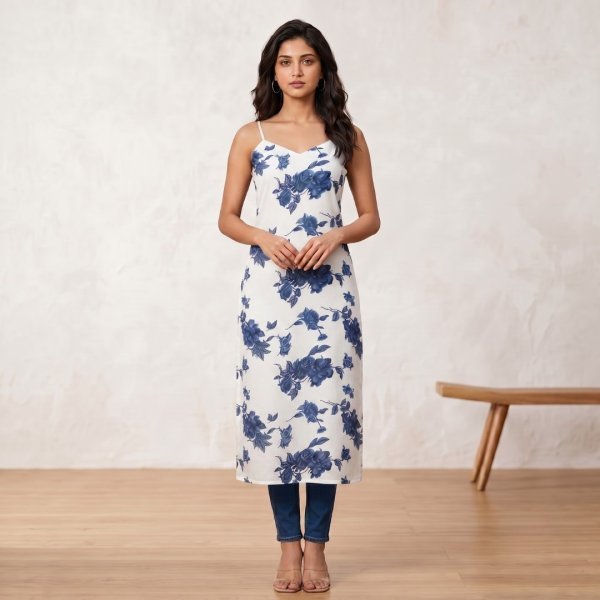 Majestic White Designer Sleeveless Cotton Long Kurti with Elegant Back Zig Zag Design  Straight Cut Long Kurtis