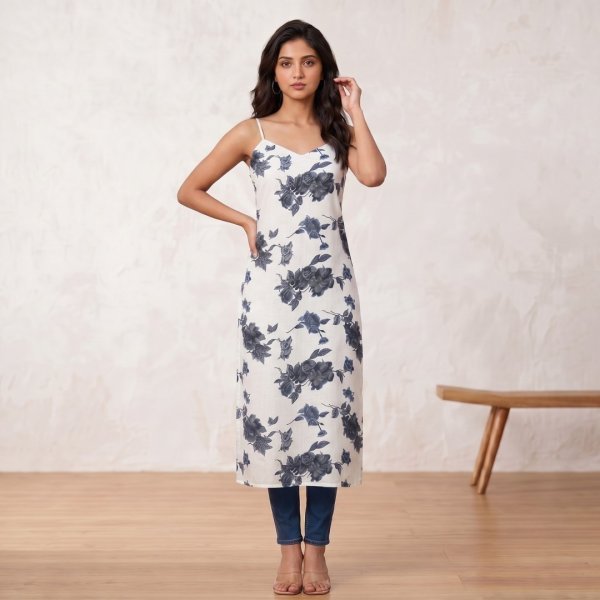 Majestic White Designer Sleeveless Cotton Long Kurti with Elegant Back Zig Zag Design  Straight Cut Long Kurtis