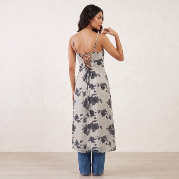 Majestic White Designer Sleeveless Cotton Long Kurti with Elegant Back Zig Zag Design  Straight Cut Long Kurtis