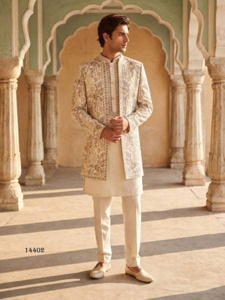 Majestic White Heavy Armani Indo Western Suit with Embroidery Sequins and Beads Work