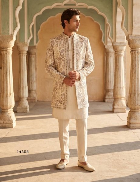 Majestic White Heavy Armani Indo Western Suit with Embroidery Sequins and Beads Work Kurta Pajama Wholesale