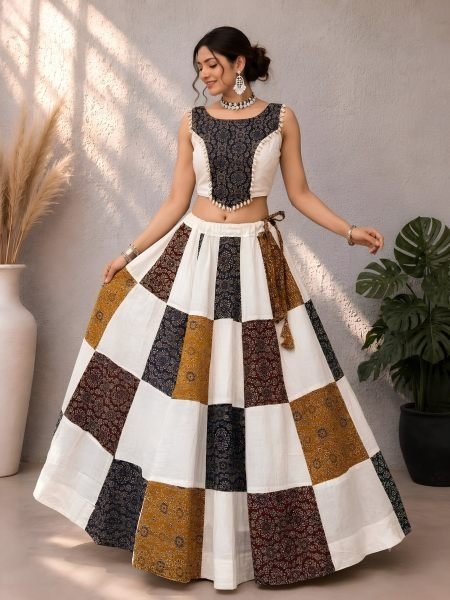 Majestic White Khadi Slub Cotton Lehenga with Ajrakh Patchwork Detailing For Garba 