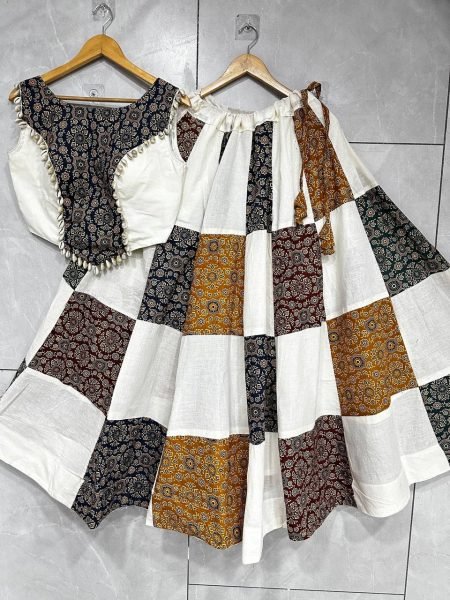 Majestic White Khadi Slub Cotton Lehenga with Ajrakh Patchwork Detailing For Garba Navratri Lehnega Choli