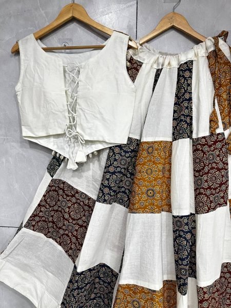 Majestic White Khadi Slub Cotton Lehenga with Ajrakh Patchwork Detailing For Garba Navratri Lehnega Choli