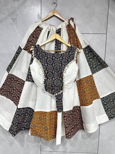 Majestic White Khadi Slub Cotton Lehenga with Ajrakh Patchwork Detailing For Garba Navratri Lehnega Choli
