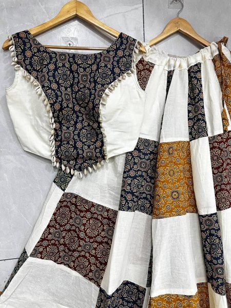 Majestic White Khadi Slub Cotton Lehenga with Ajrakh Patchwork Detailing For Garba Navratri Lehnega Choli