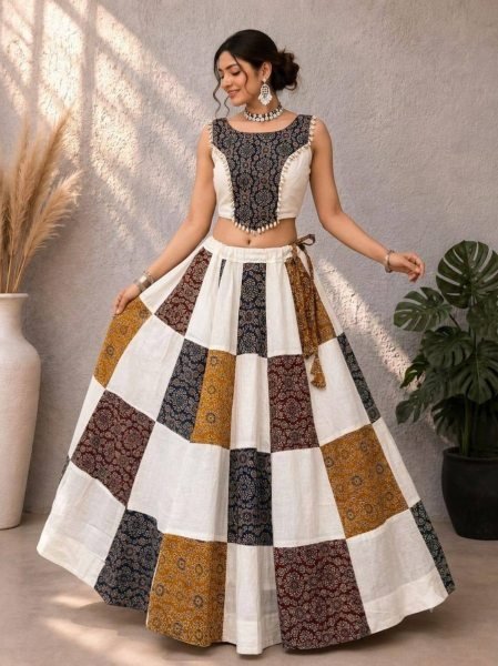 Majestic White Khadi Slub Cotton Lehenga with Ajrakh Patchwork Detailing For Garba Navratri Lehnega Choli