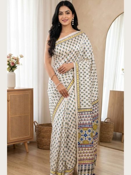 Majestic White Premium Ajrakh Print Saree with Mirror Work and Pom Pom Pallu 