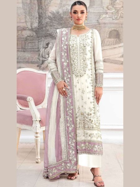 Majestic White Turquoise Embroidered Net Semi-Stitched Straight Palazzo Suit  Salwar Kameez