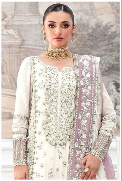 Majestic White Turquoise Embroidered Net Semi-Stitched Straight Palazzo Suit  Pakistani Suits Wholesale